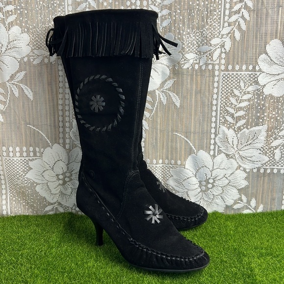 Bronx Vintage Boho Suede Gypsy Moccasins Fringe Tassel Kitten Heel Boots - Picture 1 of 14